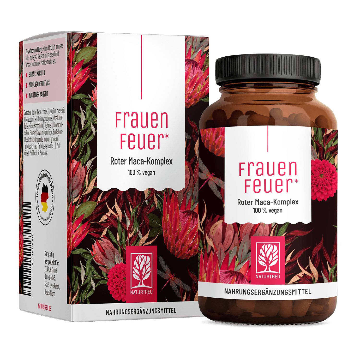 Verpackung und Flasche des Nahrungsergänzungsmittels Frauen Feuer Roter Maca-Komplex.