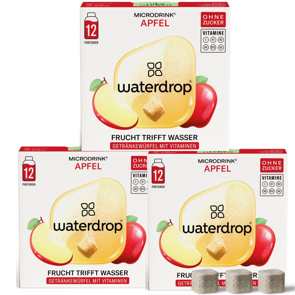 Drei Packungen waterdrop® Microdrink Apfel. Jede Packung zeigt ein Apfel-Motiv und enthält 12 Portionen. Ohne Zucker, mit Vitaminen.