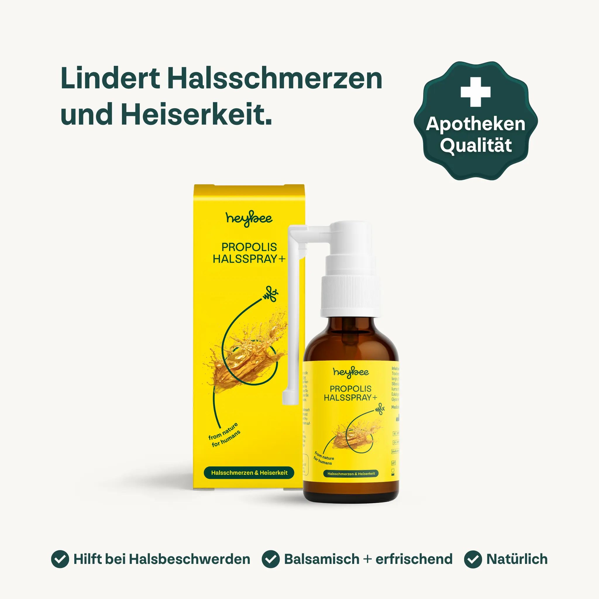 Braune Flasche und gelbe Verpackung von Heybee Propolis Halsspray+. Apotheken Qualität. Hilft bei Halsschmerzen und Heiserkeit.