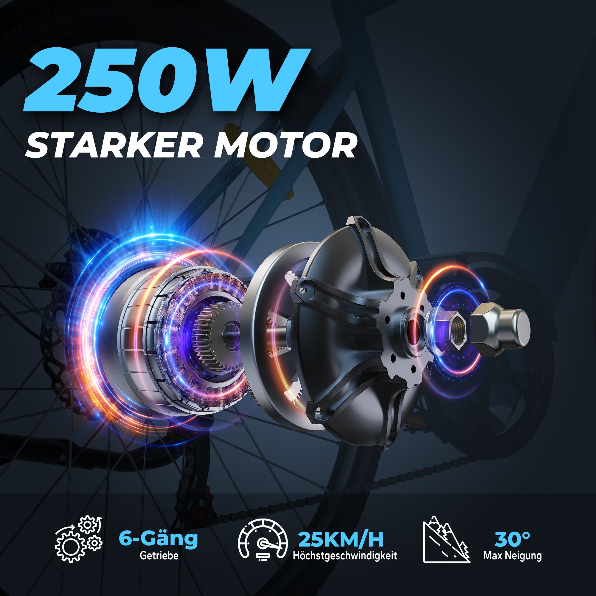 E-Bike-Motor mit 250W Leistung. 6-Gang-Getriebe, 25 km/h Höchstgeschwindigkeit, 30° maximale Neigung.