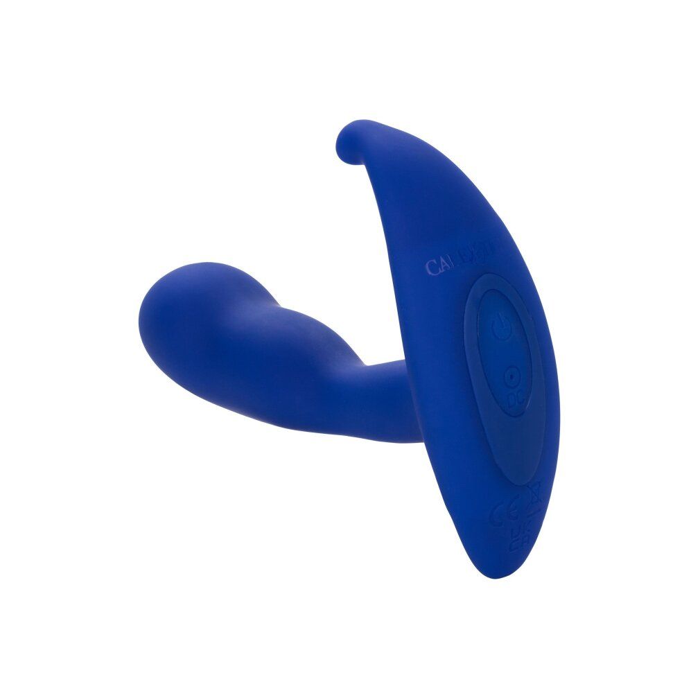 Blauer Analplug mit gebogener Form. Mit einer abgerundeten Basis und einem Bedienfeld. Auf weißem Hintergrund.