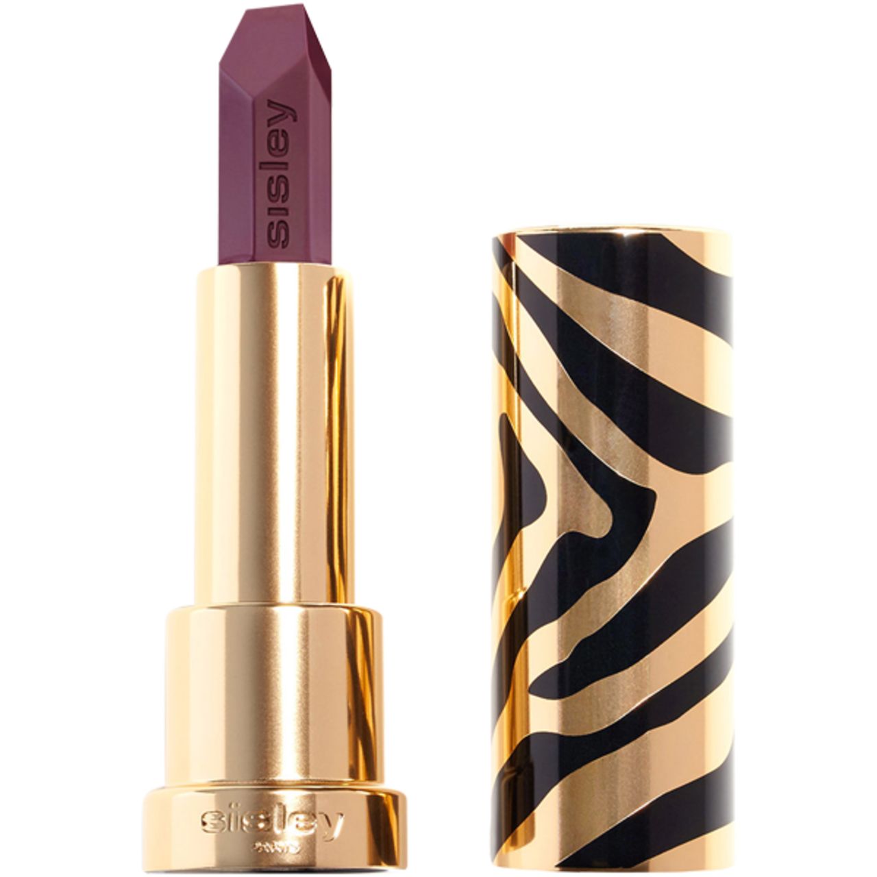Lippenstift mit goldfarbenem Gehäuse und Zebrastreifen-Muster. Der Lippenstift ist geöffnet und zeigt eine violette Spitze mit Sisley-Logo.