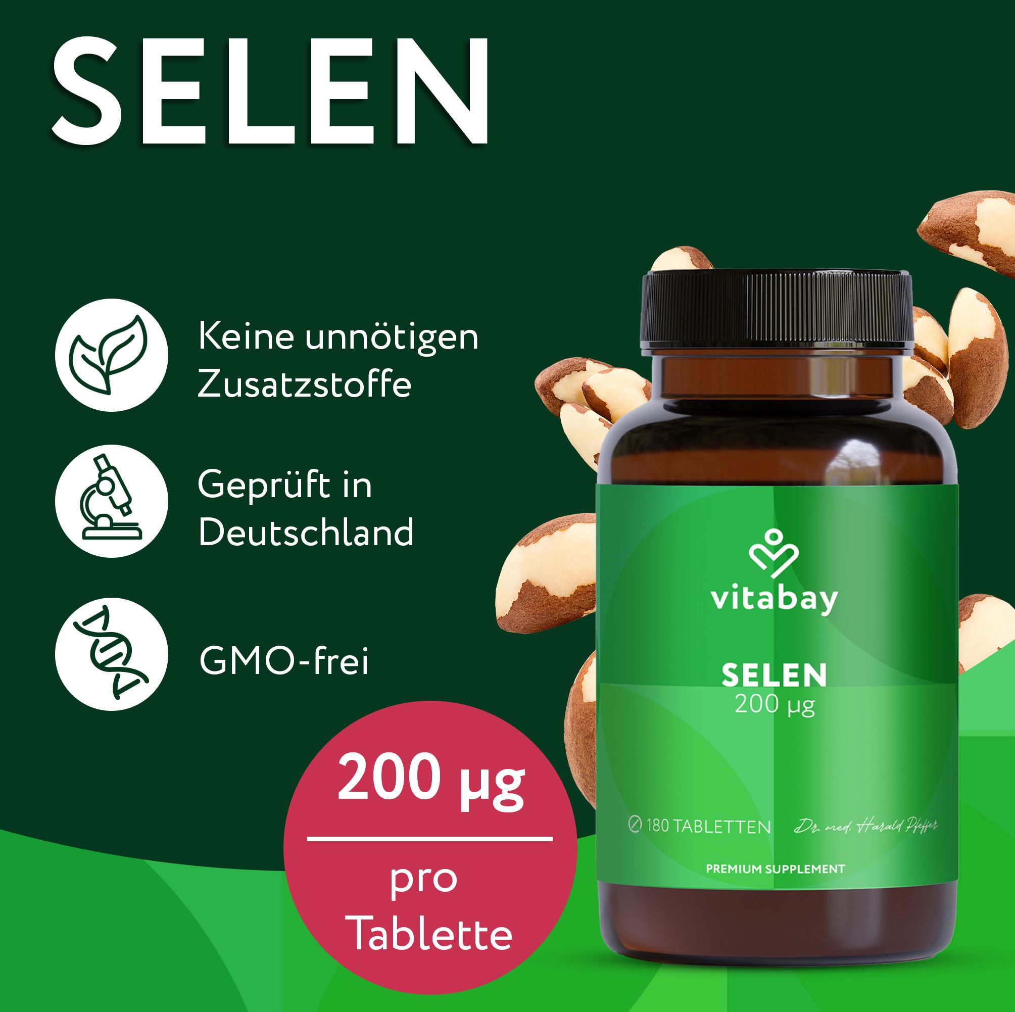 Vitabay Selen 200 µg: Keine Zusatzstoffe, geprüft in Deutschland, GMO-frei.