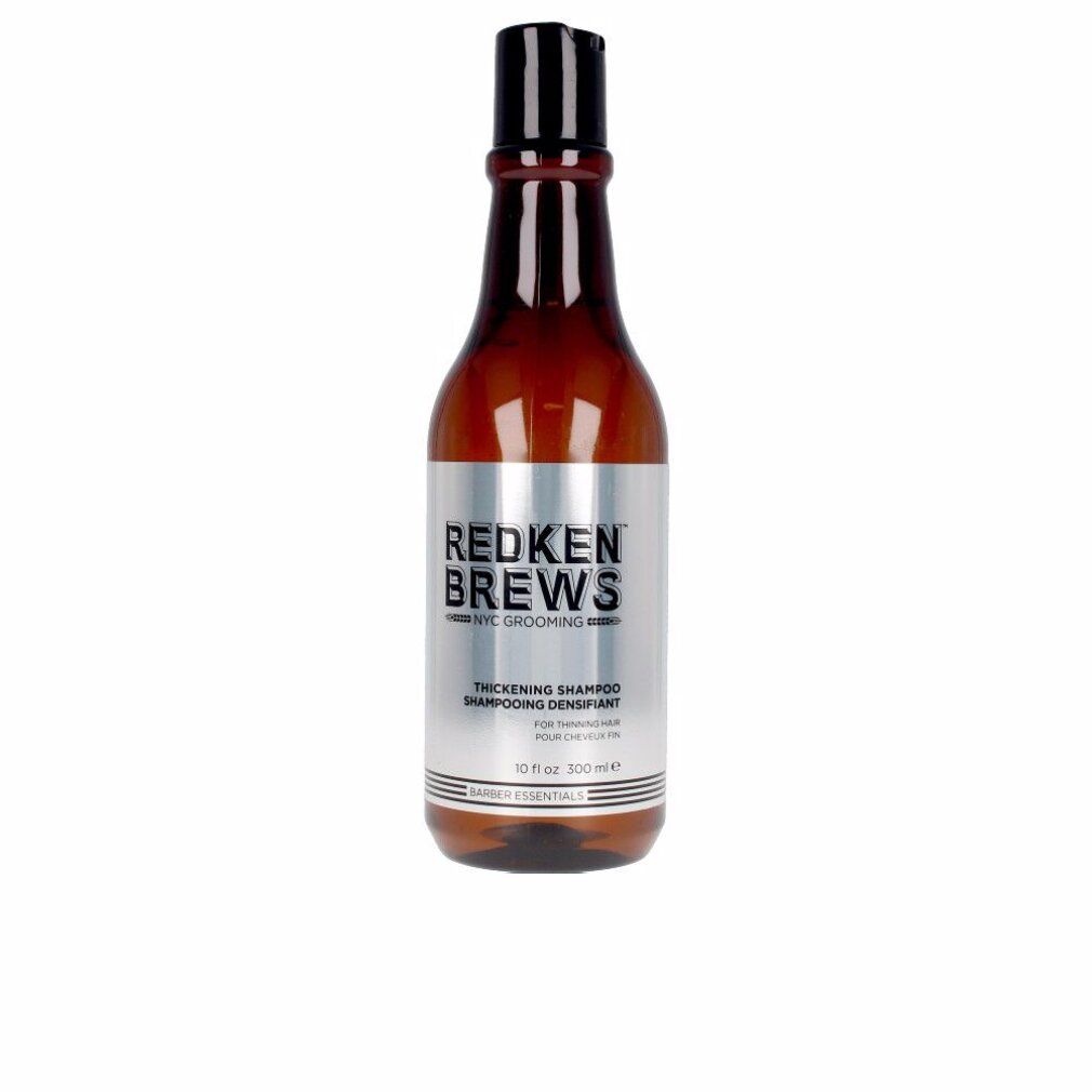 Braune Flasche mit schwarzem Deckel. Silbernes Etikett mit Text: Redken Brews Thickening Shampoo. 10 fl oz.