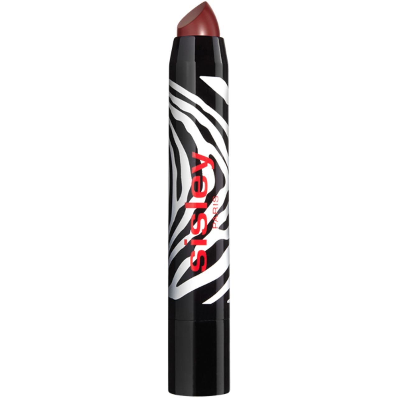 Lippenstift in Stiftform. Schwarzer Stift mit Zebra-Muster und rotem Schriftzug Sisley. Lippenstiftspitze in Burgunderrot.