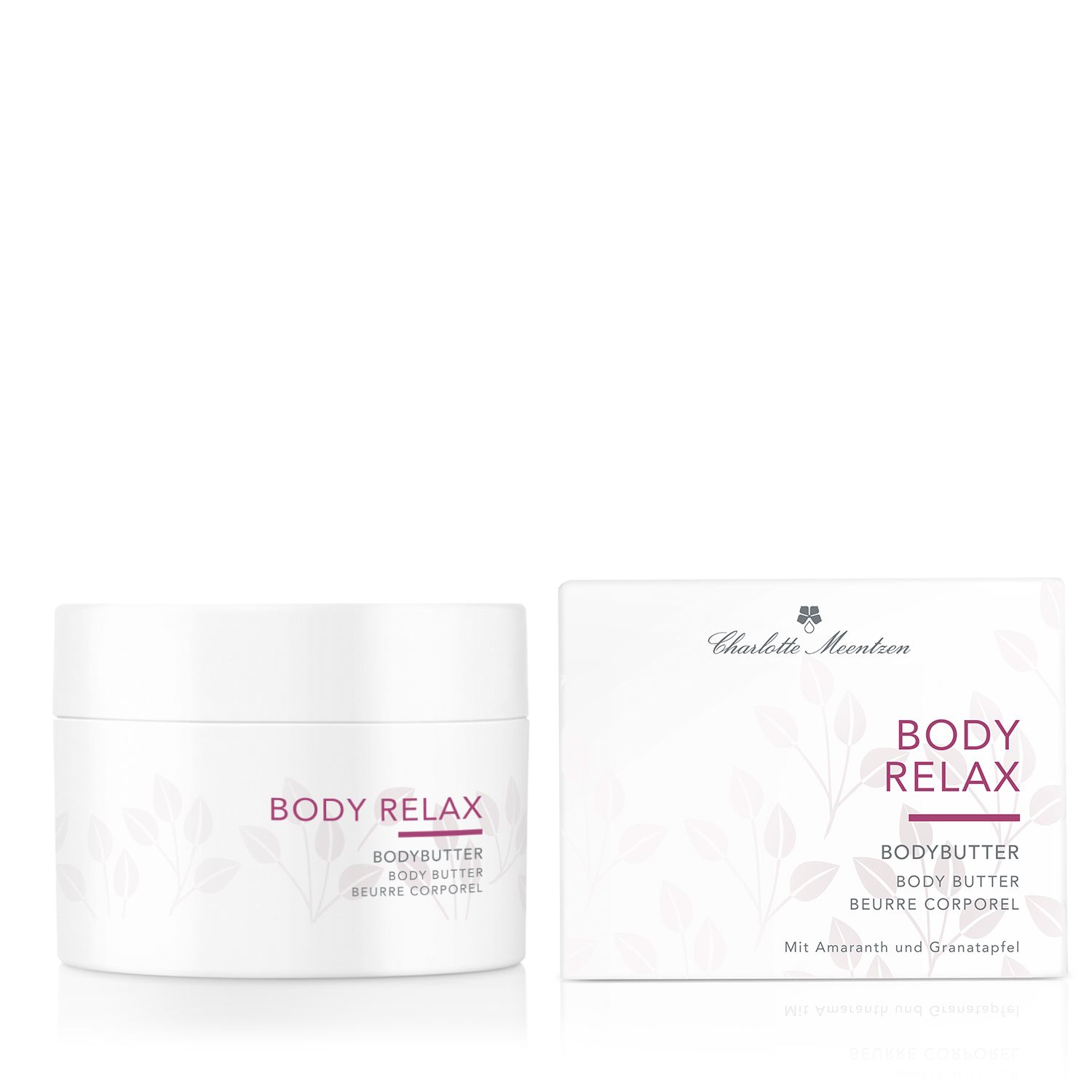 Charlotte Meentzen Body Relax Bodybutter und Verpackung. Weißer Tiegel und Schachtel. Text: Body Relax, Bodybutter, Beurre Corporel.
