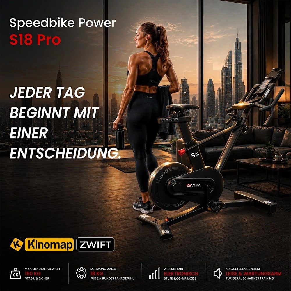 Speedbike Power S18 Pro mit Frau im Hintergrund. Text: "Jeder Tag beginnt mit einer Entscheidung."