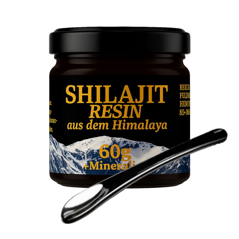 Glas mit Shilajit Resin aus dem Himalaya, 60g + Mineralien, schwarzer Deckel, Löffel daneben.