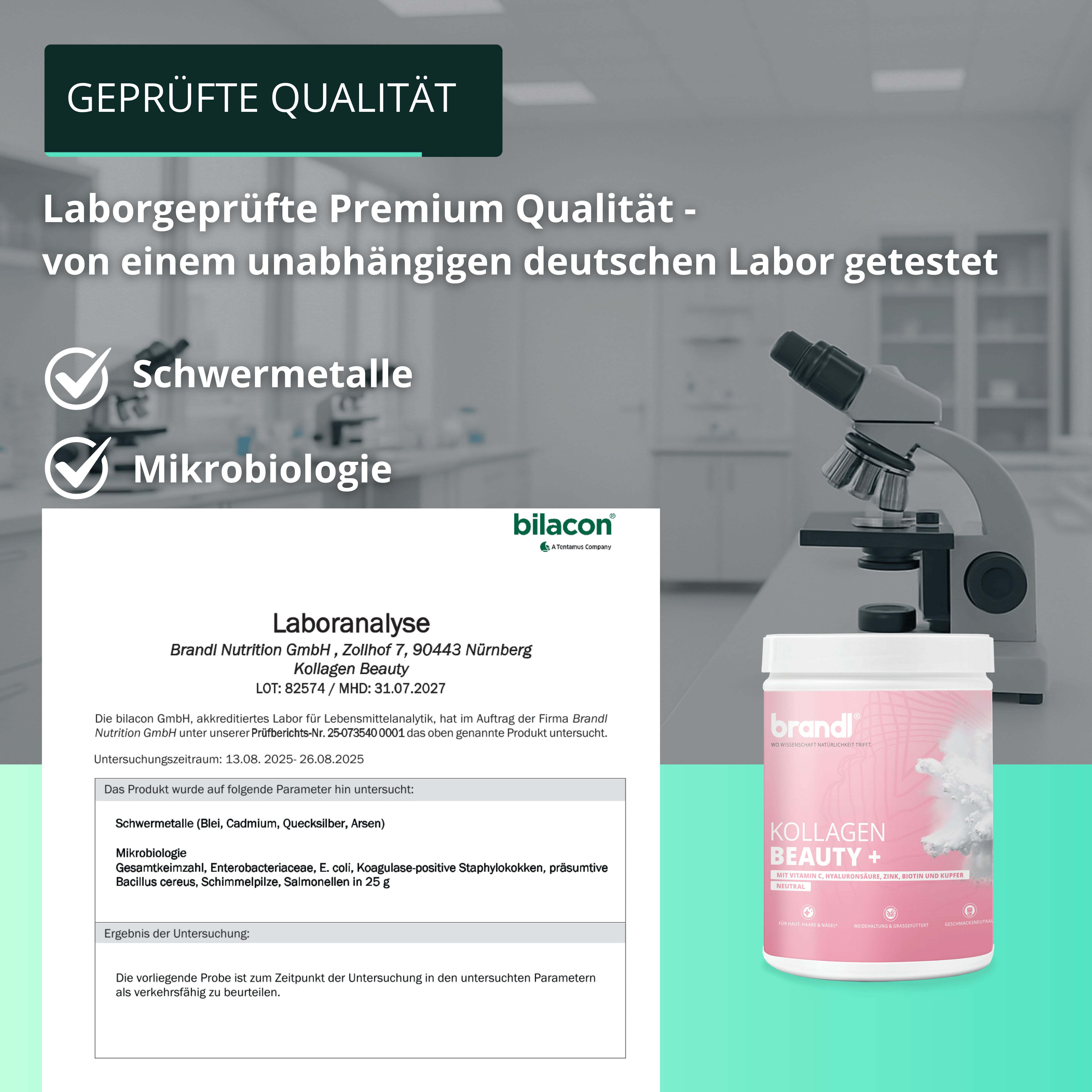 Weißer Behälter mit rosa Etikett. Text: brandl, Kollagen Beauty+. Mikroskop im Hintergrund. Text: Laboranalyse, Schweremetalle.