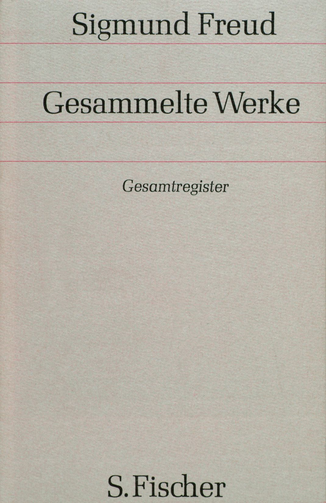 Buchcover mit Titel "Gesamtregister" von Sigmund Freud. Verlag S. Fischer. Grauer Hintergrund mit rosa Linien.