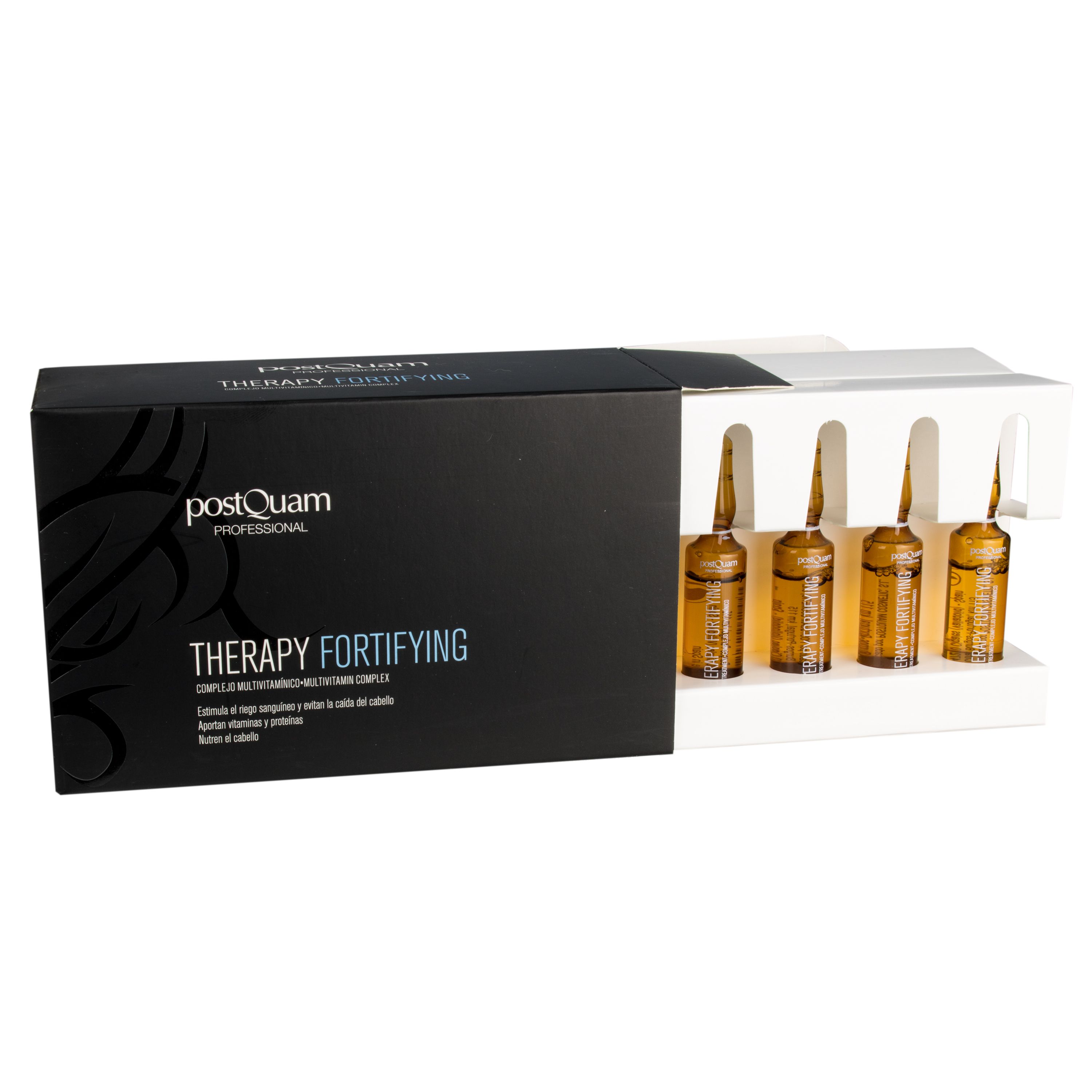 Geöffnete schwarze Schachtel mit Ampullen. Aufschrift: Postquam Therapy Fortifying. Vier Ampullen in Halterung.