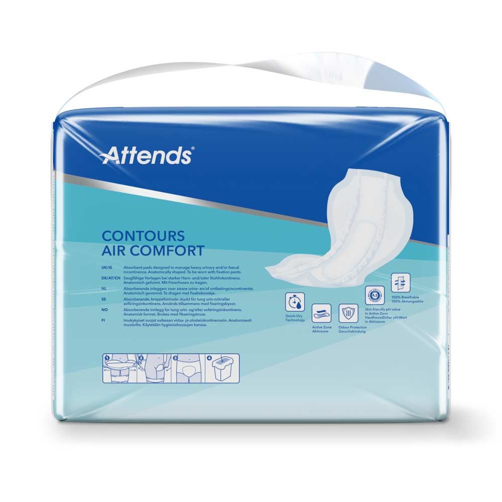 Attends Contours Air Comfort. Verpackung mit Produktinformationen. Anatomisch geformte Einlagen.