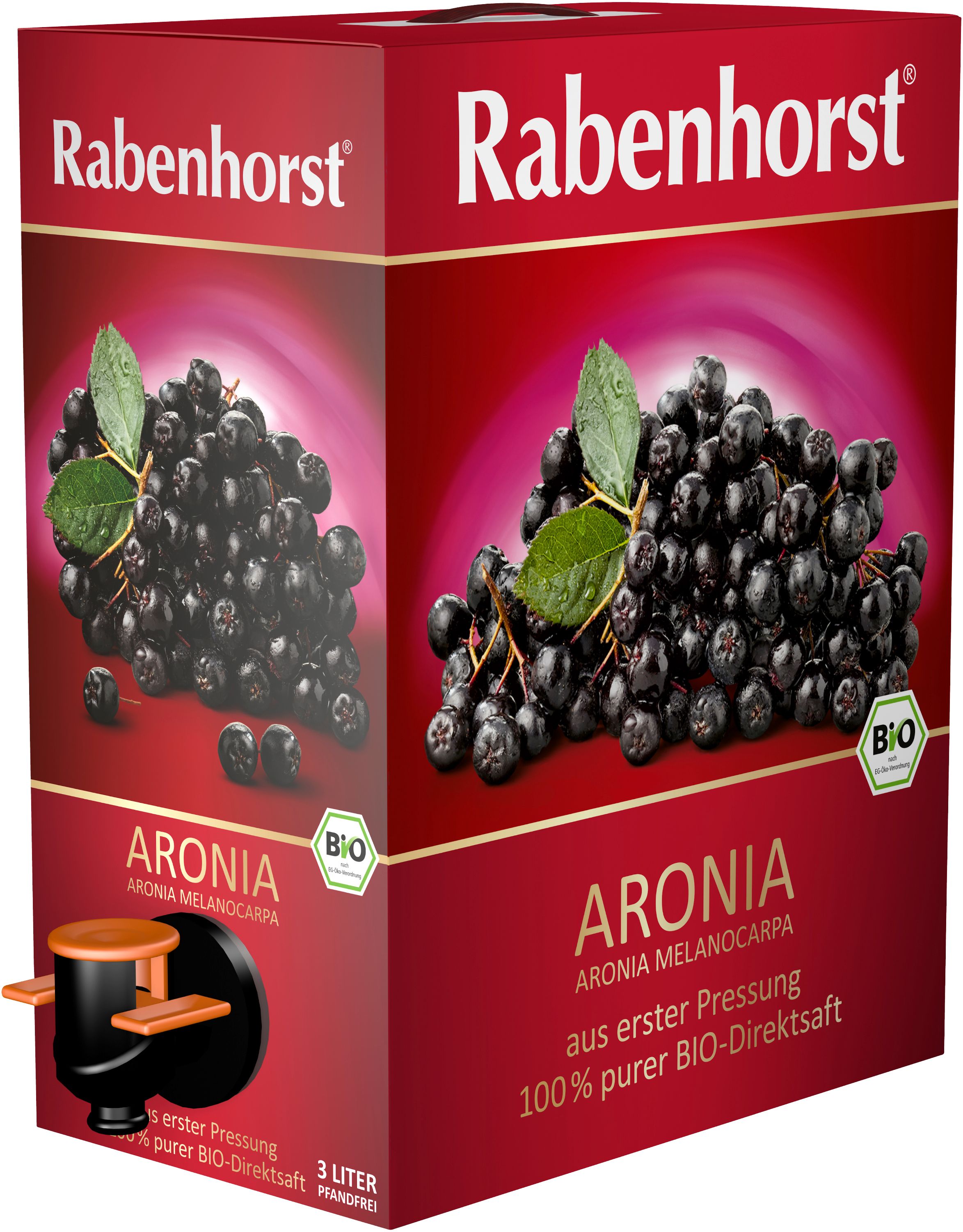 Produktverpackung mit Aronia-Beeren-Abbildung. Text: Rabenhorst, Bio, Aronia, Direktsaft, 3 Liter, Zapfhahn. Bio-Siegel.