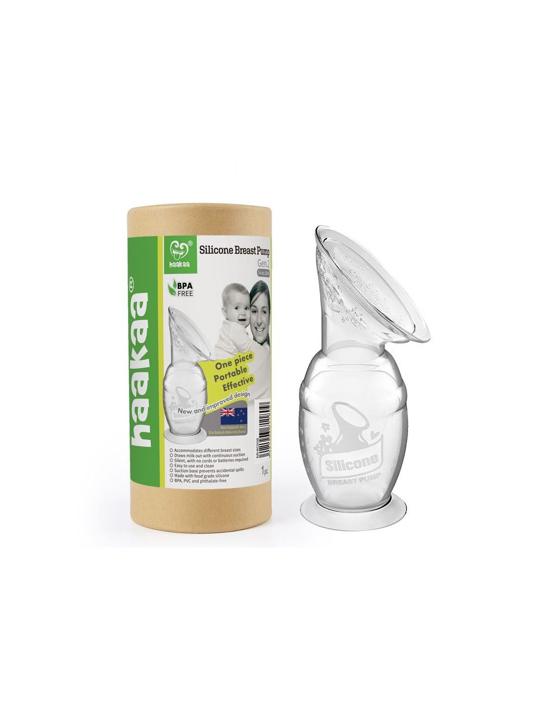 Transparente Milchpumpe mit Saugfuß und Verpackung. Zylindrische Verpackung mit Produktabbildung und Text. BPA-frei.