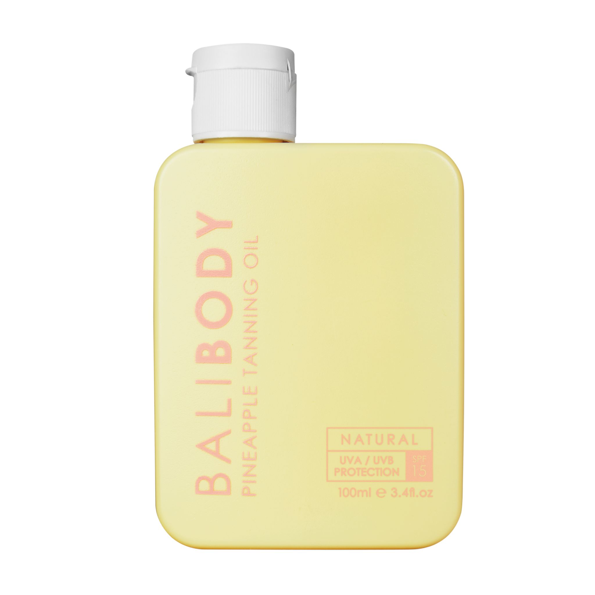Gelbe Flasche mit weißem Verschluss. Aufschrift: BALI BODY, Pineapple Tanning Oil, Natural UVA/UVB Protection.