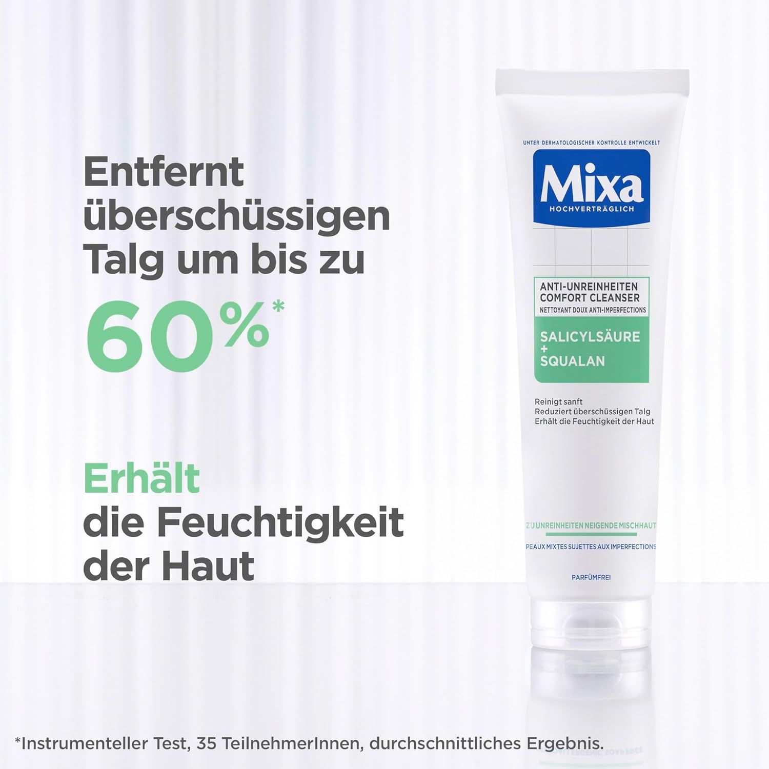 Tube von Mixa Anti-Unreinheiten Comfort Cleanser. Text: Entfernt überschüssigen Talg um bis zu 60%. Erhält die Feuchtigkeit der Haut.