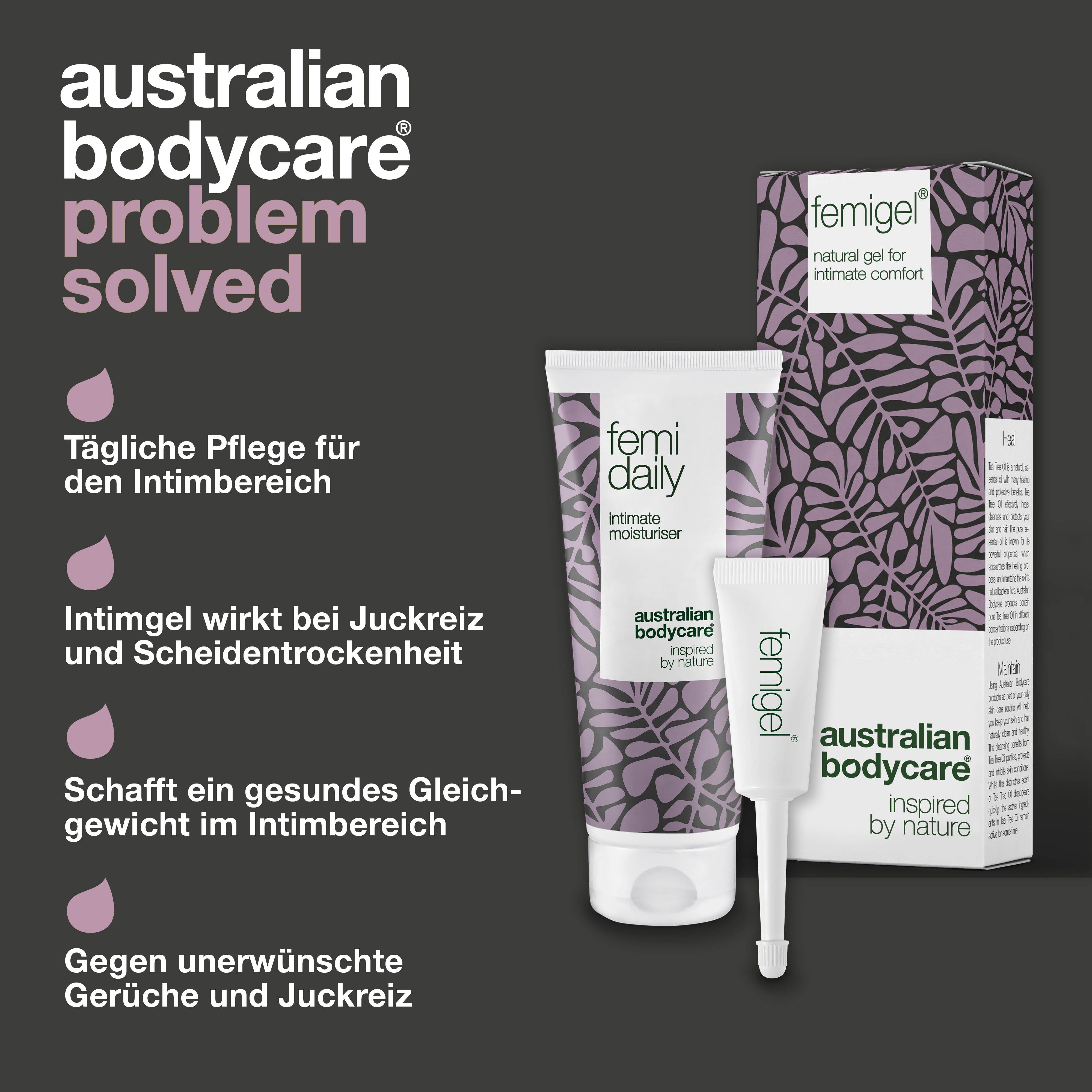 Produkte: Femidaily, Femigel und Verpackung. Text auf Deutsch: Problem gelöst. Logo: Australian Bodycare.