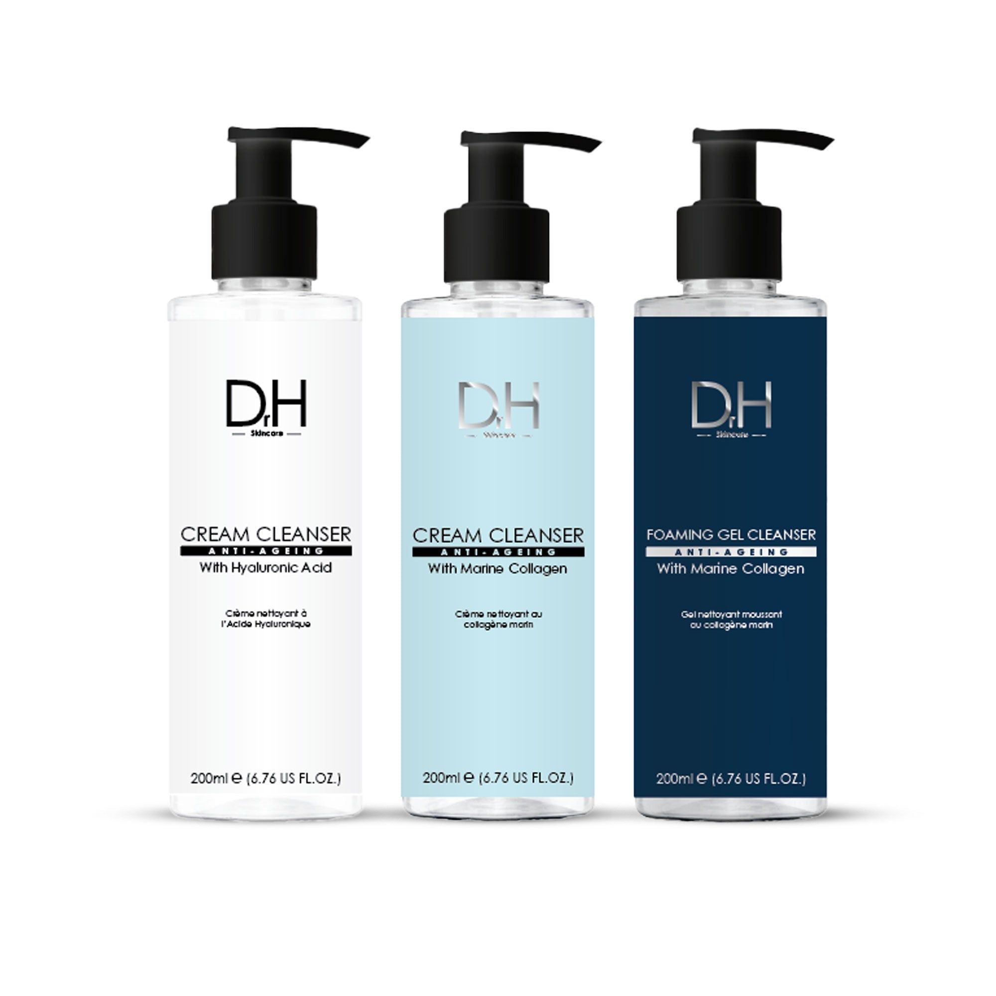 Drei Flaschen Dr. H Anti-Aging Reiniger mit schwarzen Pumpen. Aufschrift: Cream Cleanser, Foaming Gel Cleanser. Mit Hyaluronsäure und Marine Collagen.