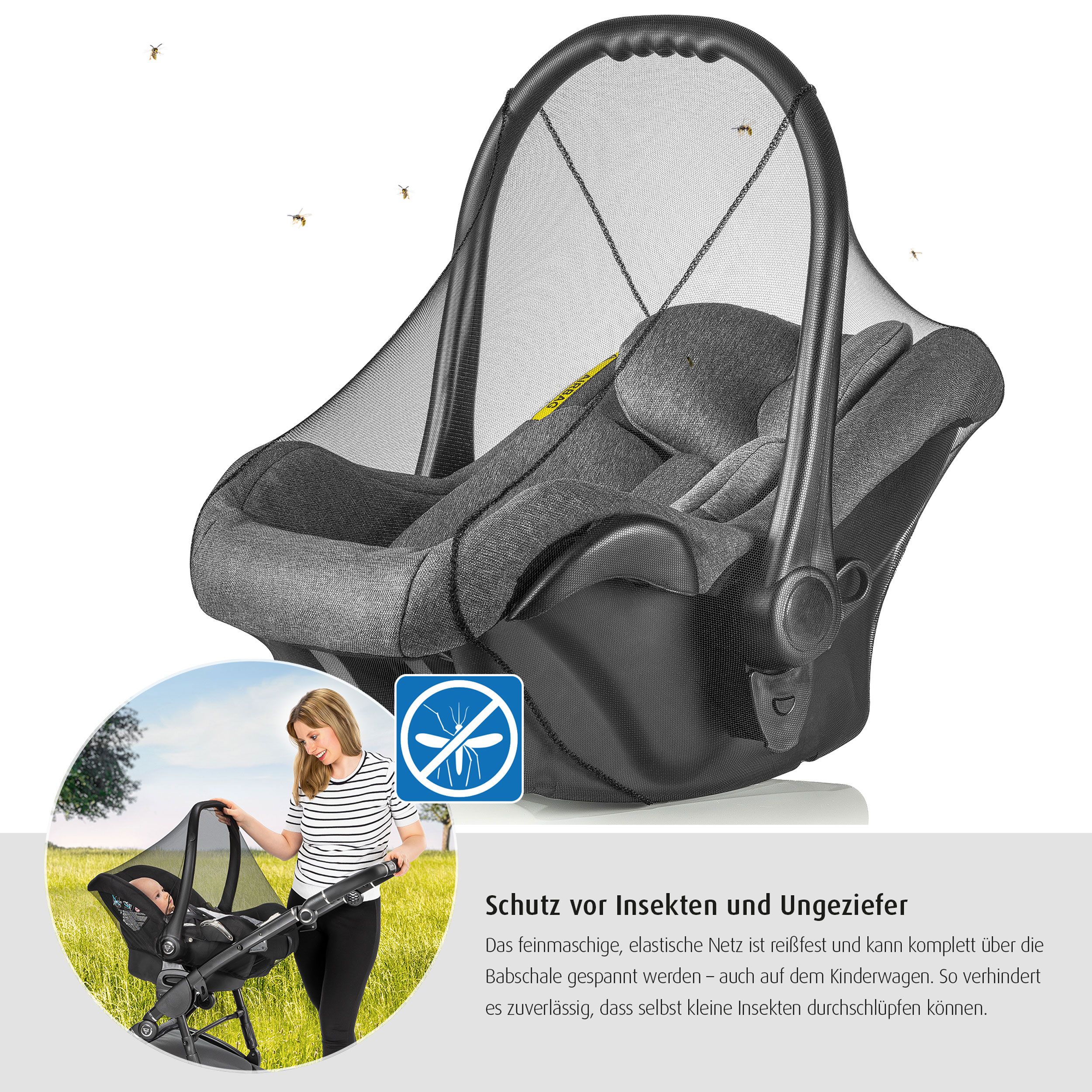 Babyschale mit Insektenschutznetz. Kinderwagen mit Babyschale. Frau mit Kinderwagen. Schwarzes Netz.