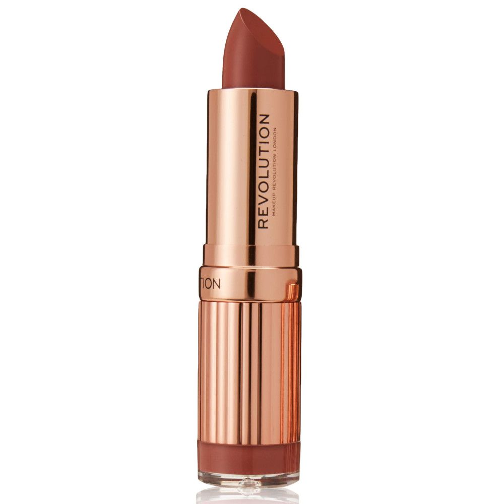 Lippenstift in Rosé-Braun. Goldfarbene Hülse mit geriffelter Textur. Marke Makeup Revolution sichtbar.