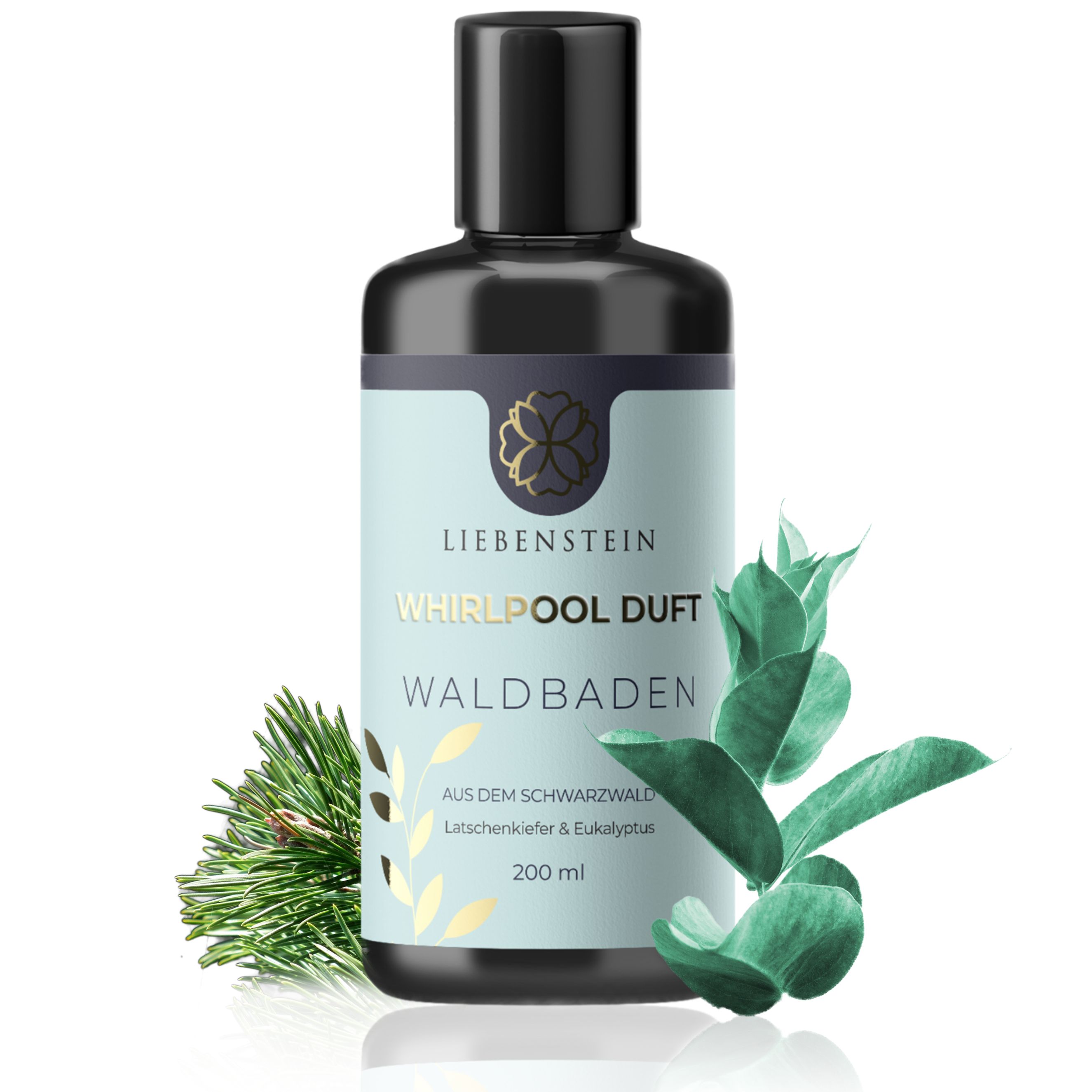 Schwarze Flasche mit Produktetikett. Text: Liebenstein, Whirlpool Duft, Waldbaden, Latschenkiefer & Eukalyptus. 200 ml. Dekoration: Kiefernzweig, Eukalyptuszweig.