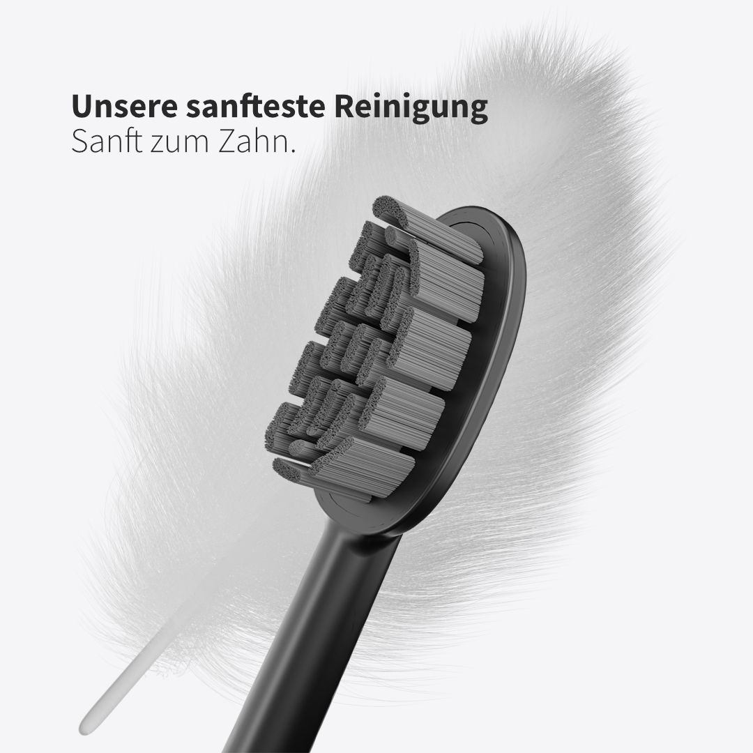 Nahaufnahme eines schwarzen Bürstenkopfes mit grauen Borsten. Text: Unsere sanfteste Reinigung. Sanft zum Zahn.