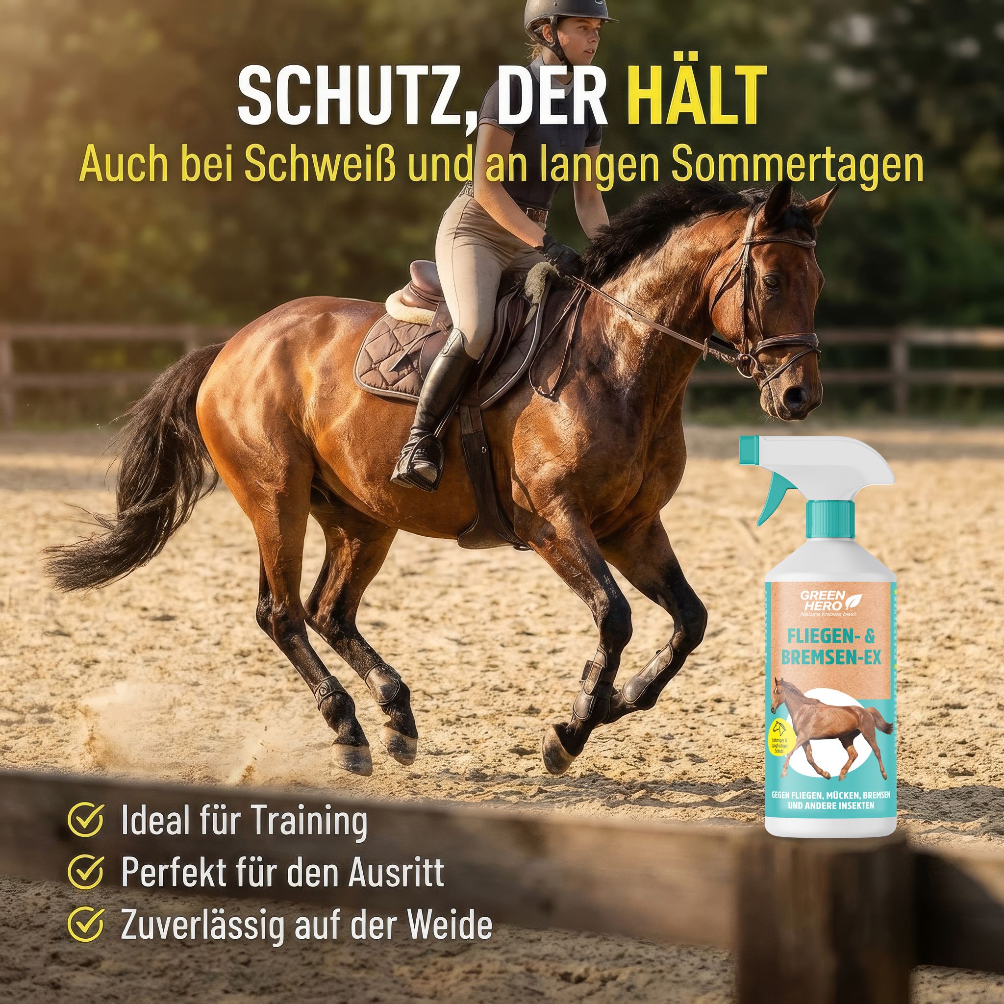Pferdespray-Flasche neben Reiterin auf Pferd. Text: Schutz, der hält. Ideal für Training, Ausritt und Weide. Flasche mit Pferde-Illustration.