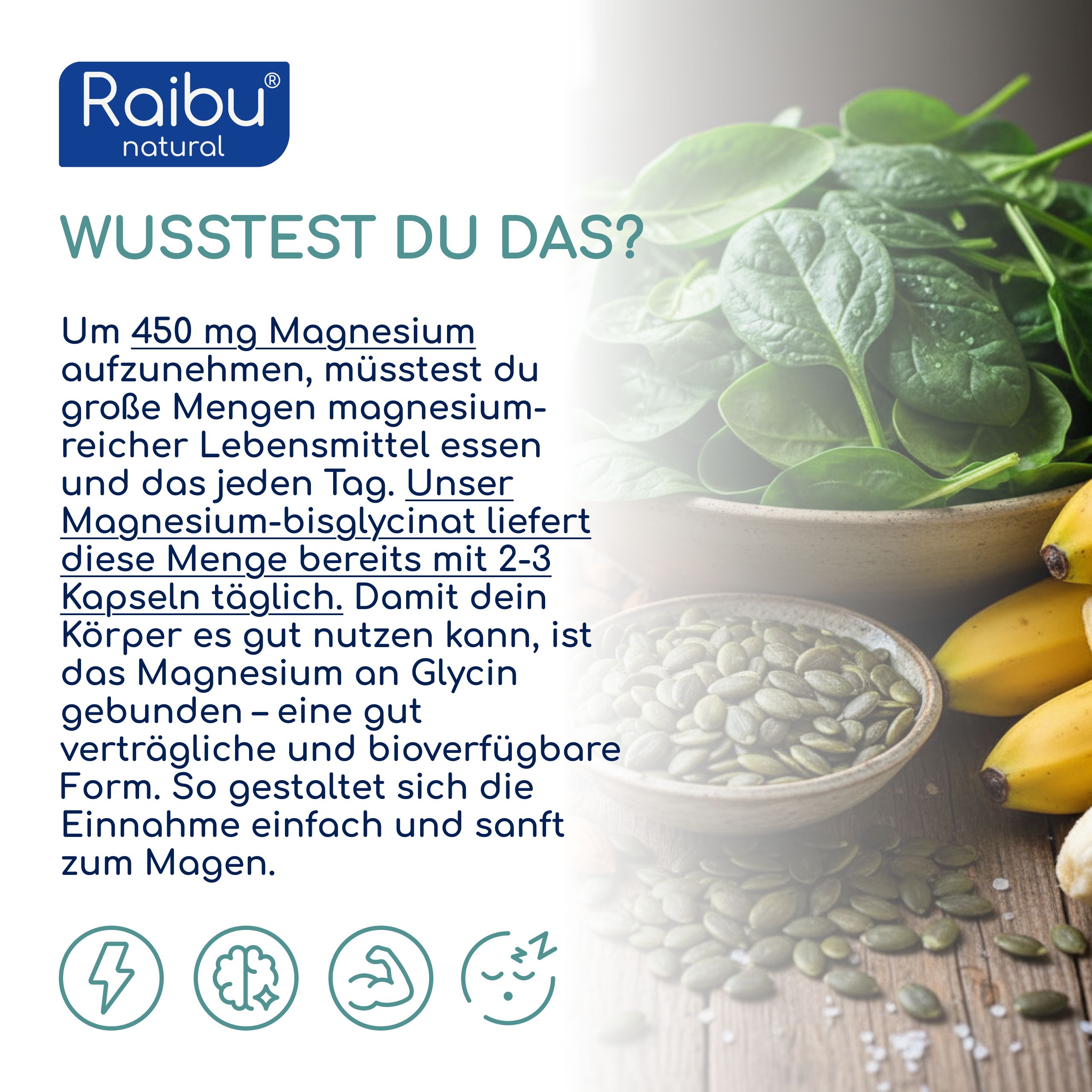 Schüssel mit Kürbiskernen, Bananen und Spinat. Text: Unser Magnesium-bisglycinat liefert 2-3 Kapseln.