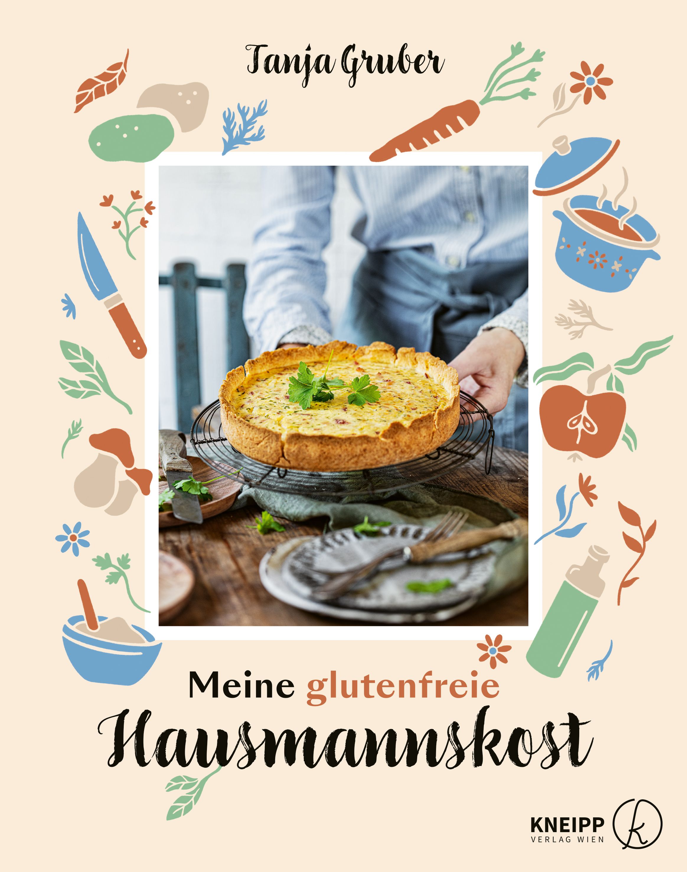 Buchcover mit Titel „Meine glutenfreie Hausmannskost“ von Tanja Gruber. Gezeigt wird ein Kuchen auf einem Rost.