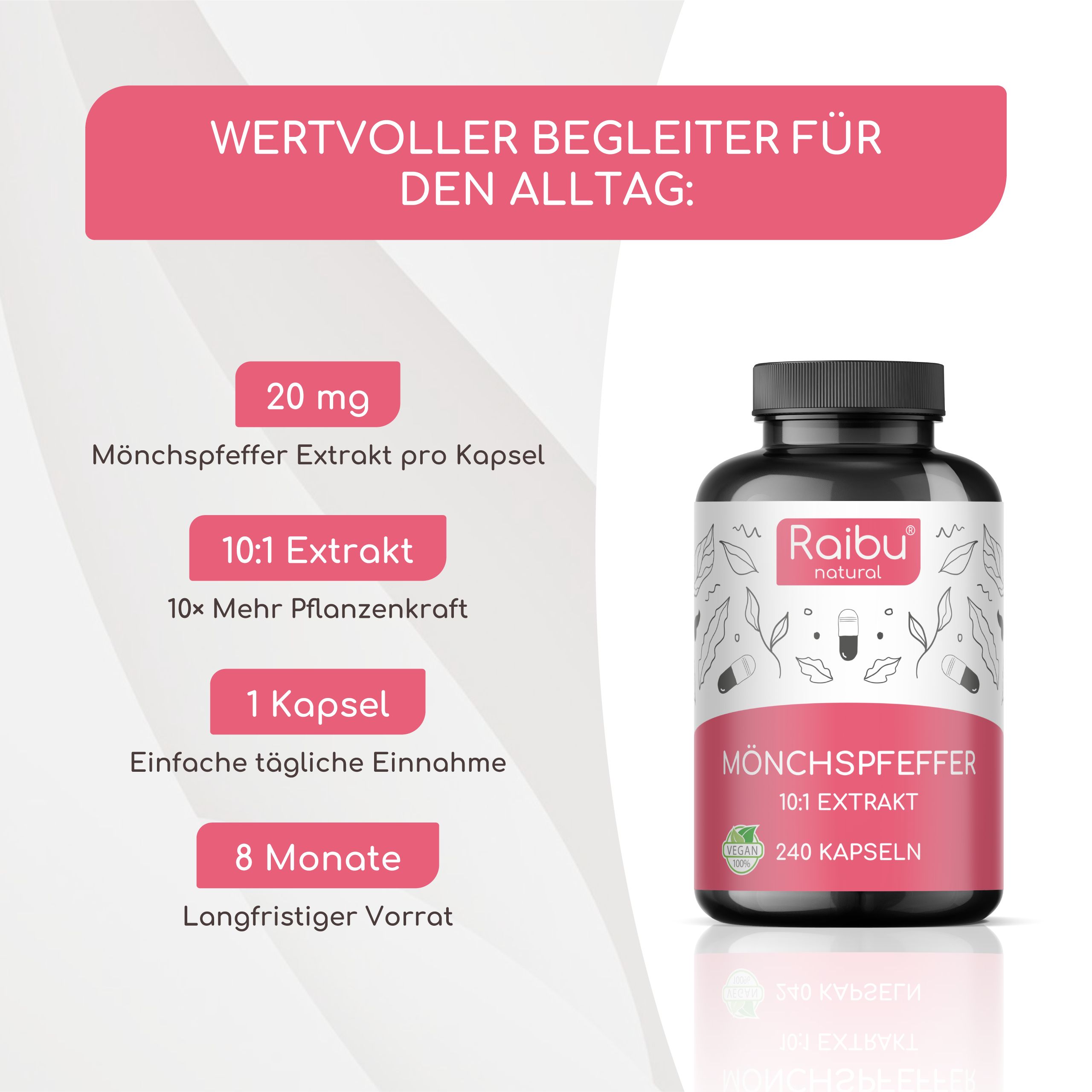 Produktflasche mit Text: 20 mg, 10:1 Extrakt, 1 Kapsel, 8 Monate Vorrat. Marke Raibu. Wertvoller Begleiter für den Alltag.