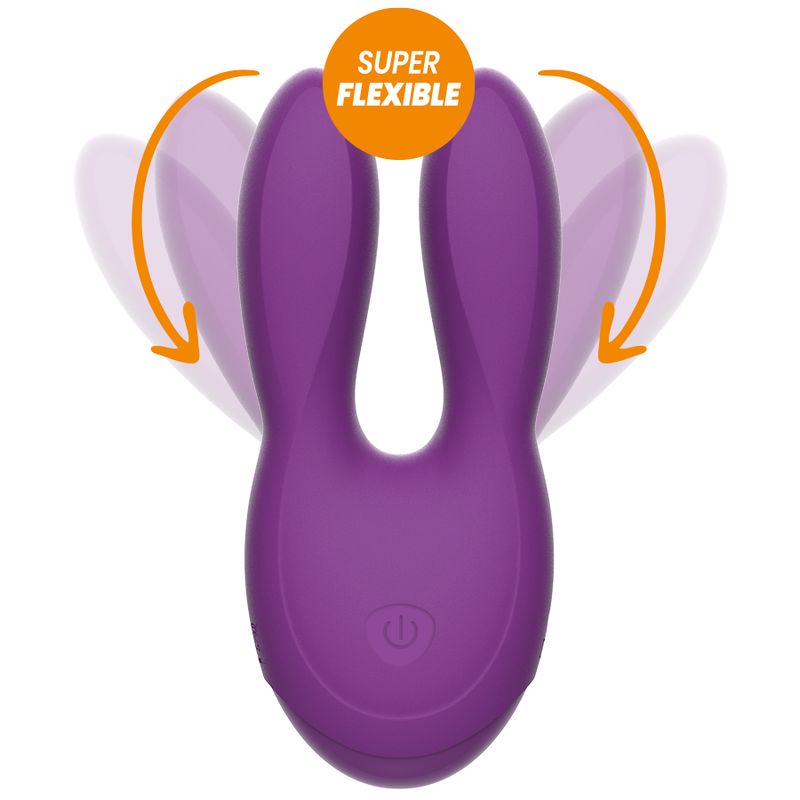 Lila Stimulator mit flexiblen Flügeln. Oben steht "SUPER FLEXIBLE". Pfeile zeigen die Flexibilität an.