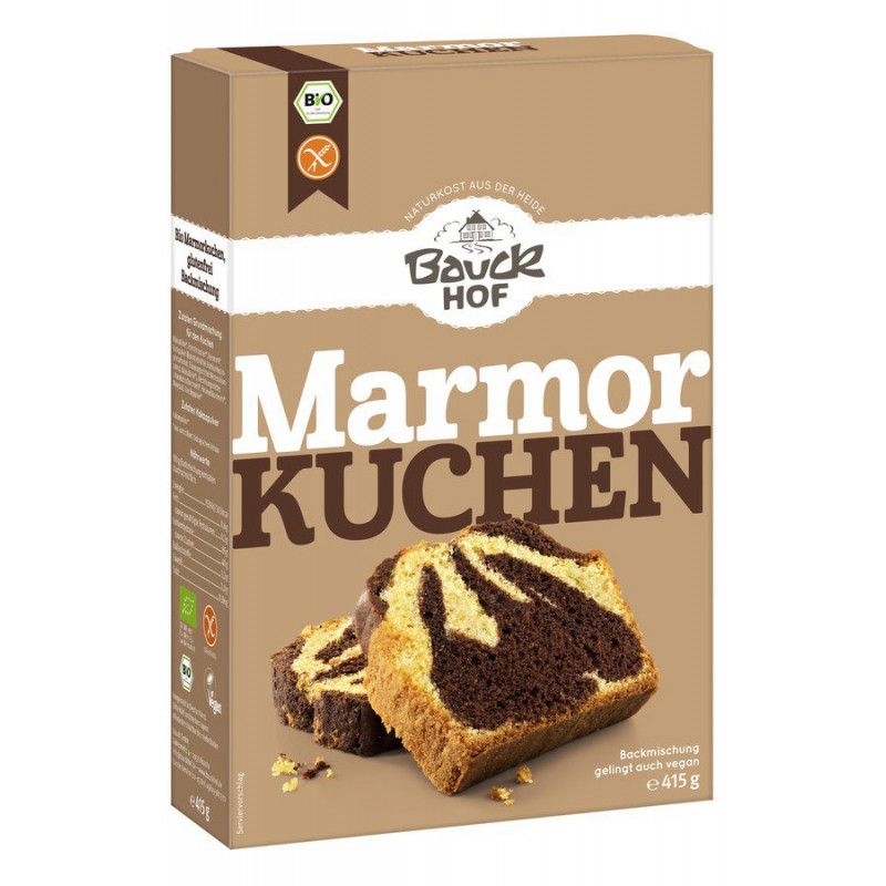 Verpackung von Bauckhof Marmorkuchen Backmischung glutenfrei. Braune Box mit Logo, Text und Kuchenstück. Bio-Siegel.
