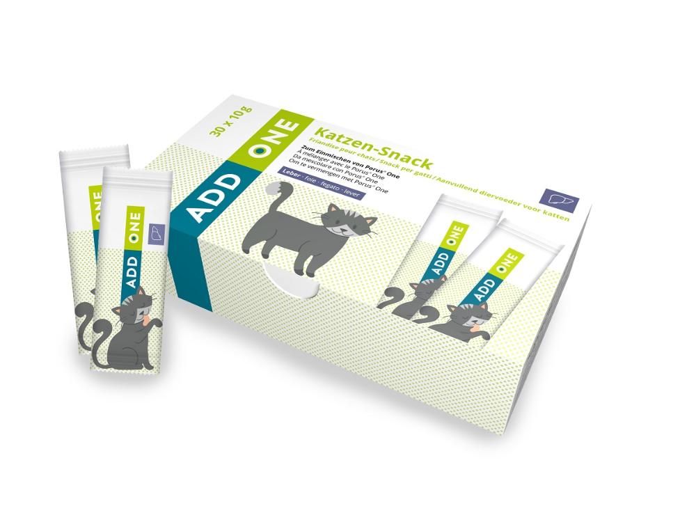 ADD ONE Katzen-Snack-Packung. Enthält 30 x 10g Snacks. Verpackung mit Katzen-Illustrationen und Produktnamen.