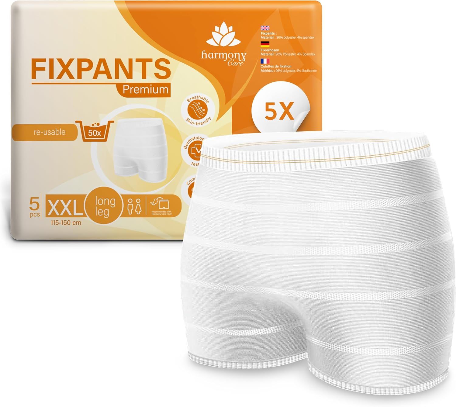 Harmony Care Fixpants Premium: 5 Stück, Größe XXL (115-150 cm), lange Beine, wiederverwendbar.