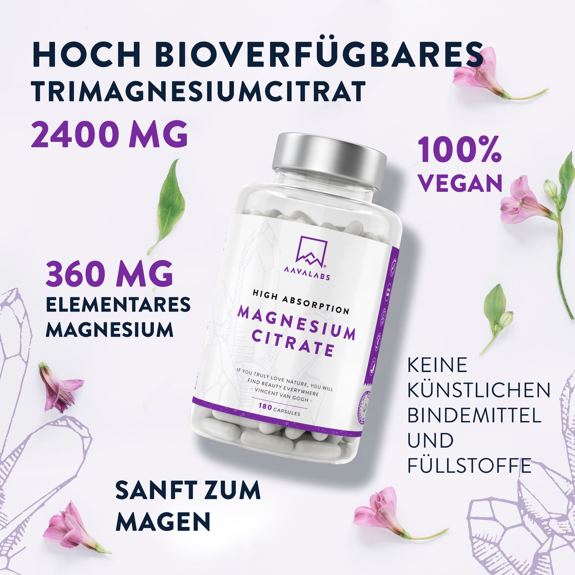 Flasche mit Magnesium Citrat Kapseln. Aufschrift: 2400 MG, 360 MG elementares Magnesium. 180 Kapseln.