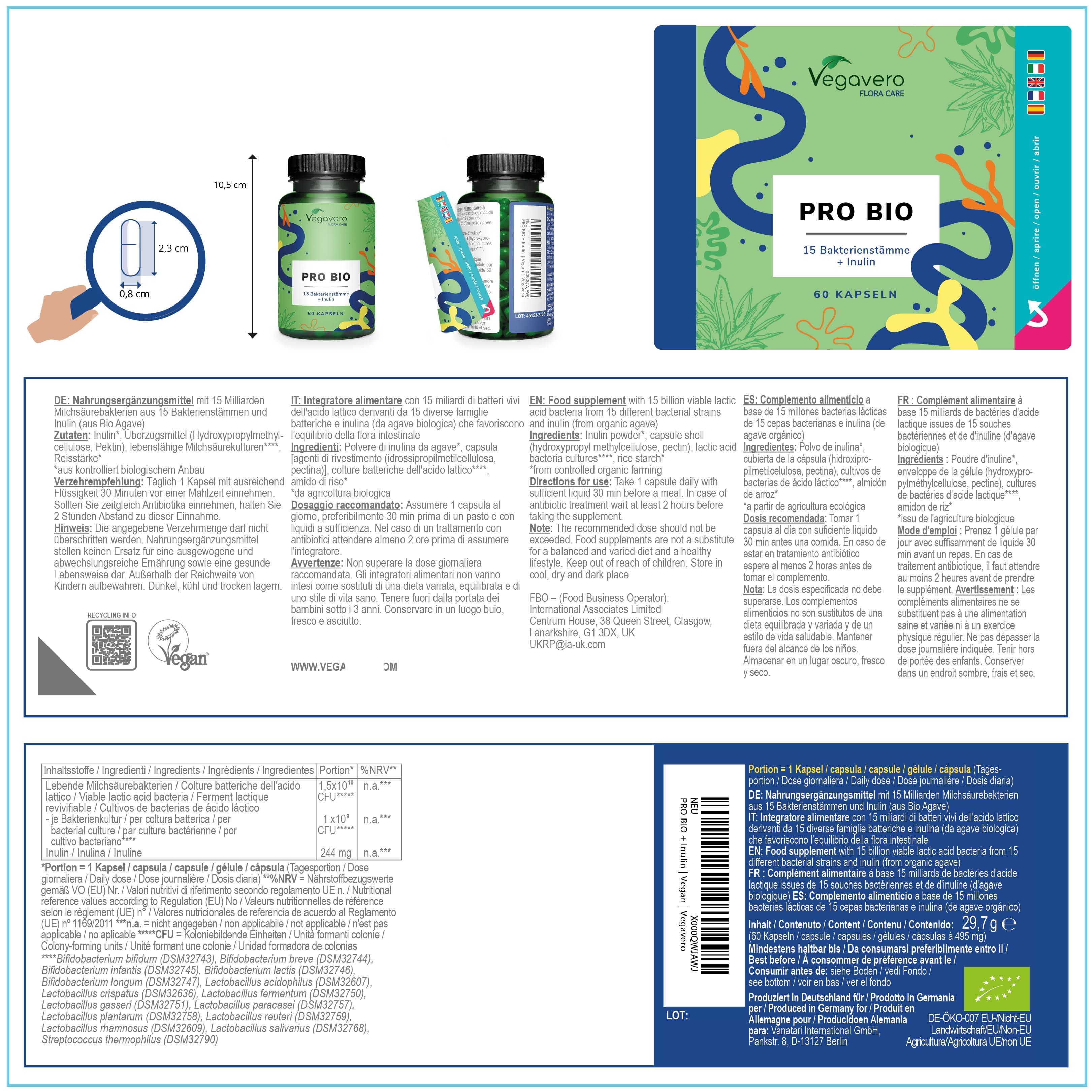 Produktverpackung mit Flasche und Beutel. Text in Deutsch, Englisch, Französisch, Italienisch. Enthält Informationen zu Inhaltsstoffen und Nährwerten.