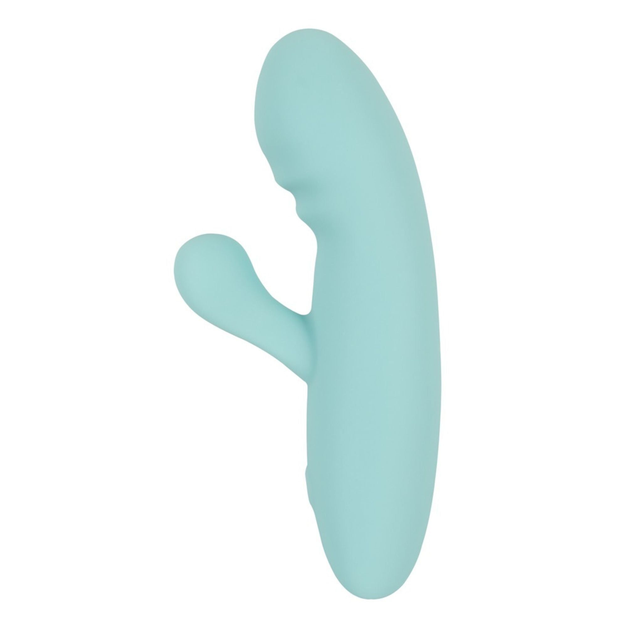 Türkisfarbener Vibrator mit gebogener Form und einem hervorstehenden Teil. Ansicht von der Seite.