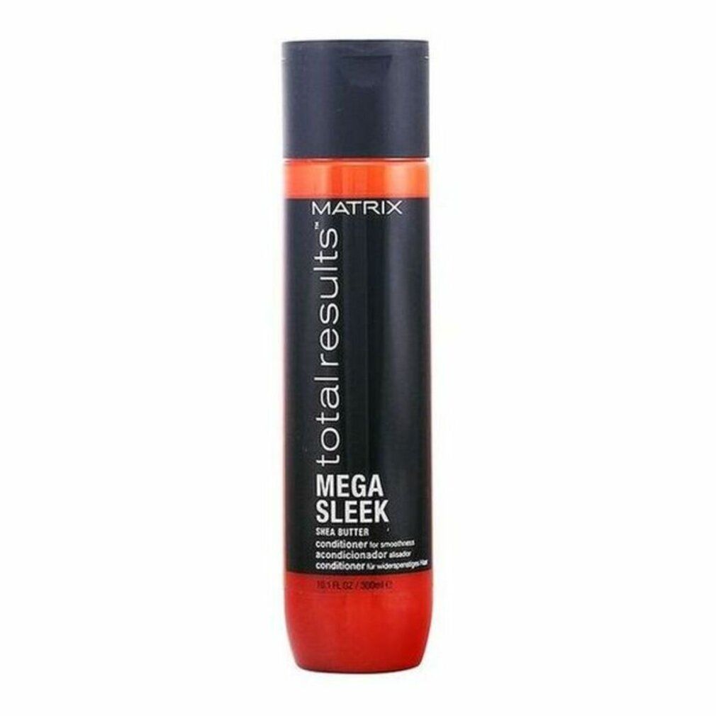 Schwarze Flasche mit orangefarbenem Boden. Aufschrift: Matrix Total Results Mega Sleek Conditioner.