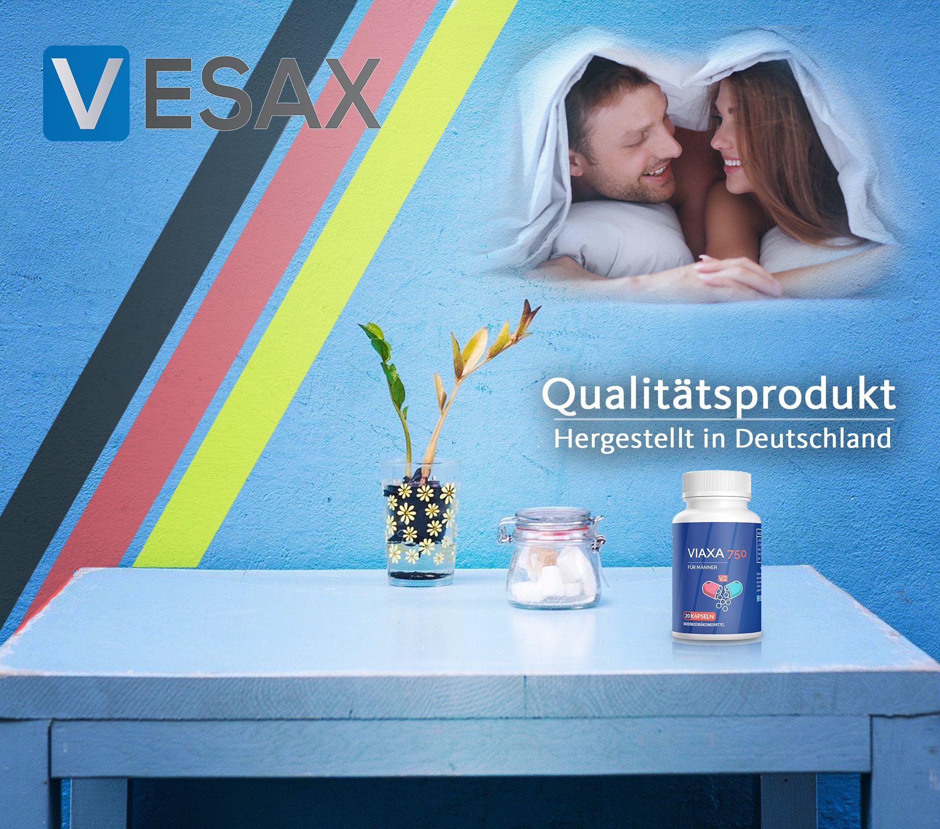 Flasche mit Viaxa 750 für Männer. Aufschrift: 20 Kapseln. Hintergrund: Paar im Bett, Text: Vesax, Qualitäts-Produkt, Hergestellt in Deutschland.