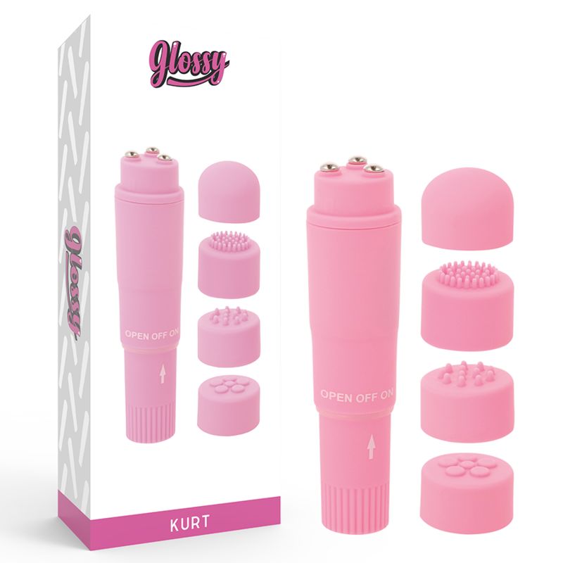 Rosa Vibrator und Aufsätze in Verpackung. Auf der Verpackung steht "GLOSSY" und "KURT".