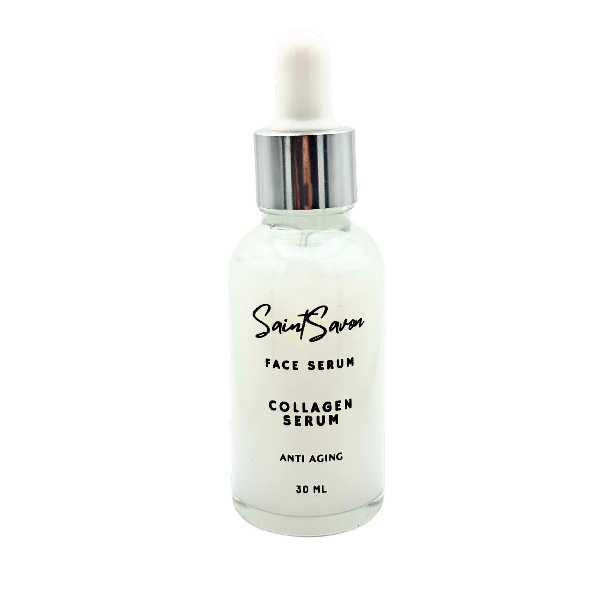 Glasflasche mit weißem Serum, silberner Pipette und Aufschrift Saint Savon, Face Serum, Collagen Serum, Anti Aging, 30 ml.