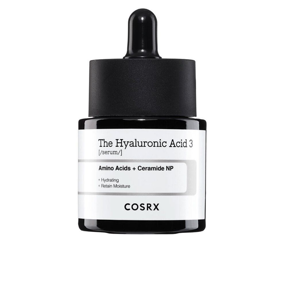 Kleine Glasflasche mit schwarzem Deckel und Pipette. Text: The Hyaluronic Acid 3, Amino Acids + Ceramide NP. Marke: COSRX.