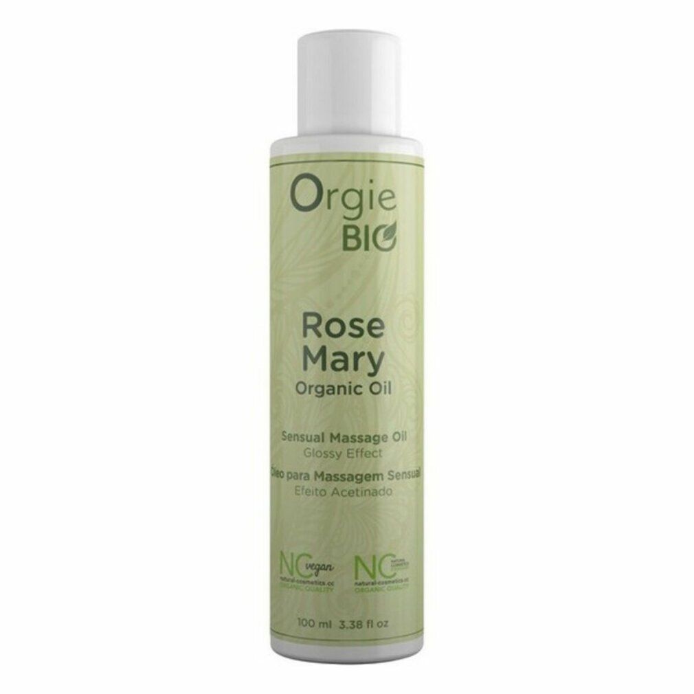 Zylindrische Flasche mit weißem Deckel. Aufschrift: Orgie BIO, Rose Mary Organic Oil. Vegan-Zertifizierung.