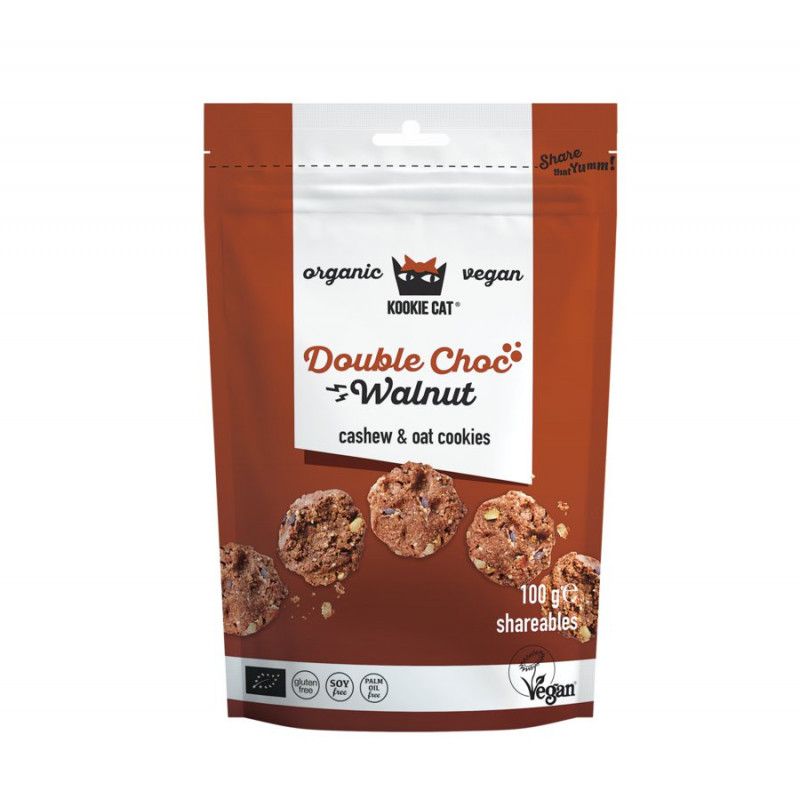 Verpackung mit Keksen. Aufschrift: Double Choc & Walnut, Cashew & Hafer-Cookies. Vegan-Siegel. Marke: Kookie Cat.