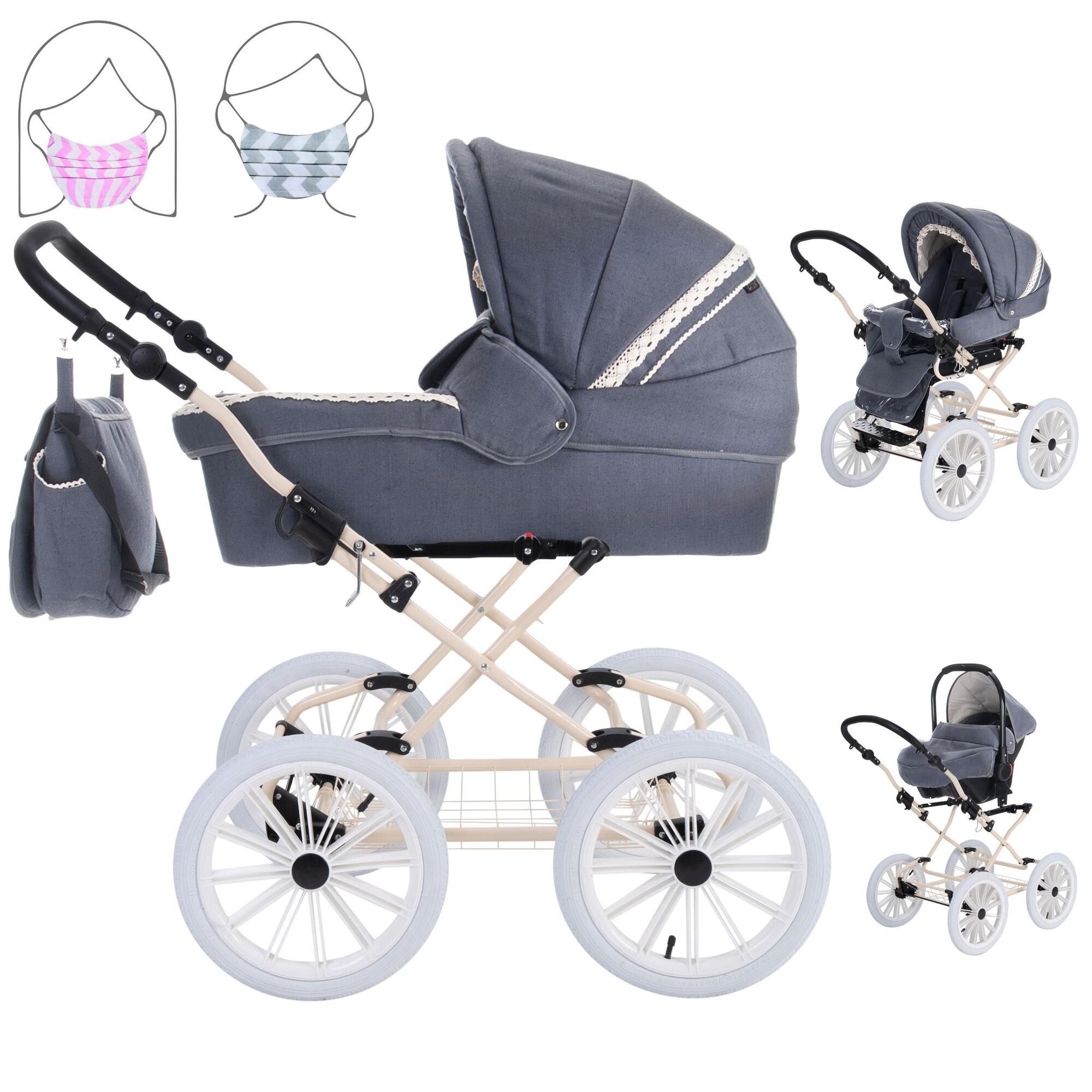 Friedrich Hugo Natureline 3 in 1 Kinderwagen Set Öko Nostalgie Kinderwagen, Catherine Stone Creme