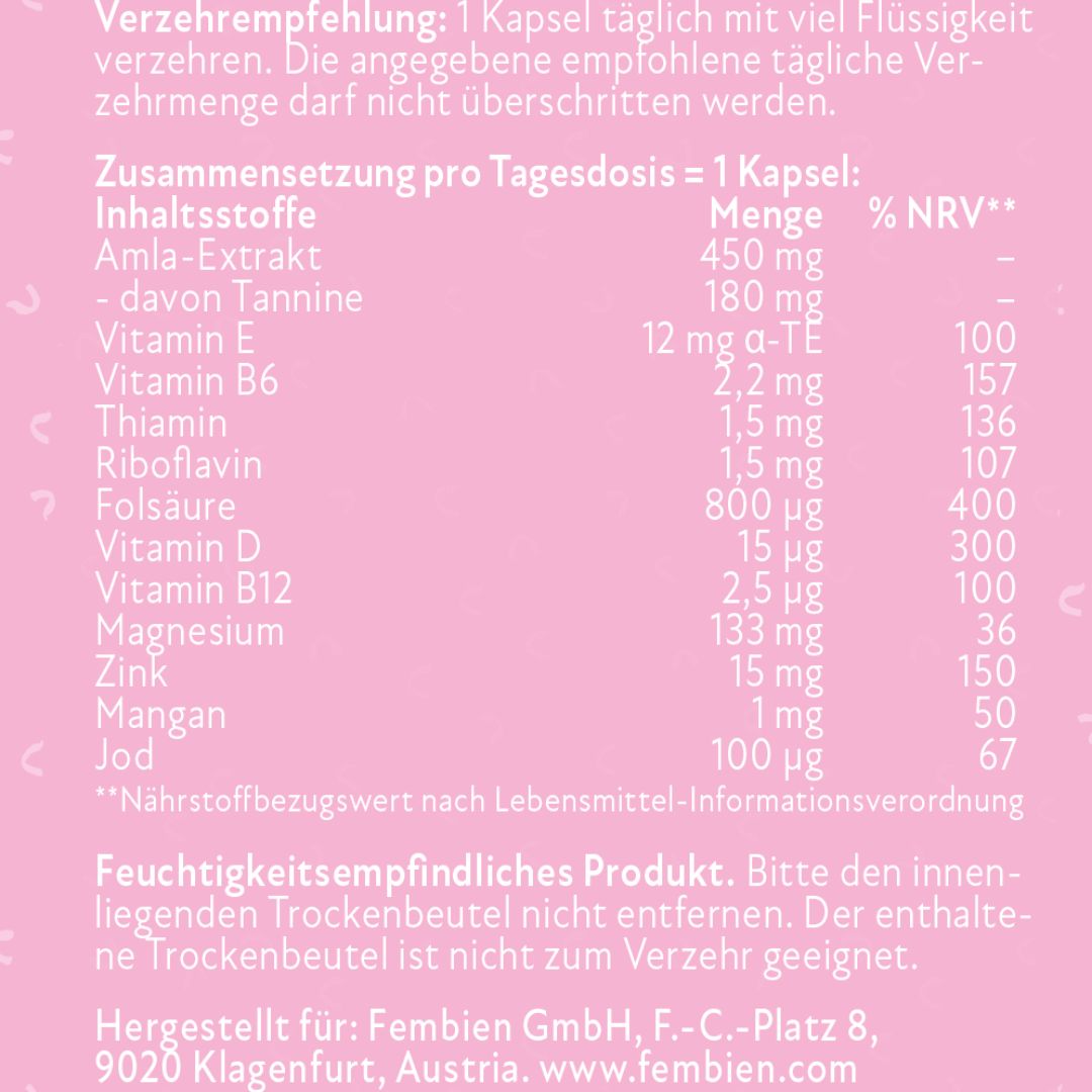 Rosa Textseite mit Nährwertangaben für Fembien. Enthält Inhaltsstoffe, Mengen und % NRV.