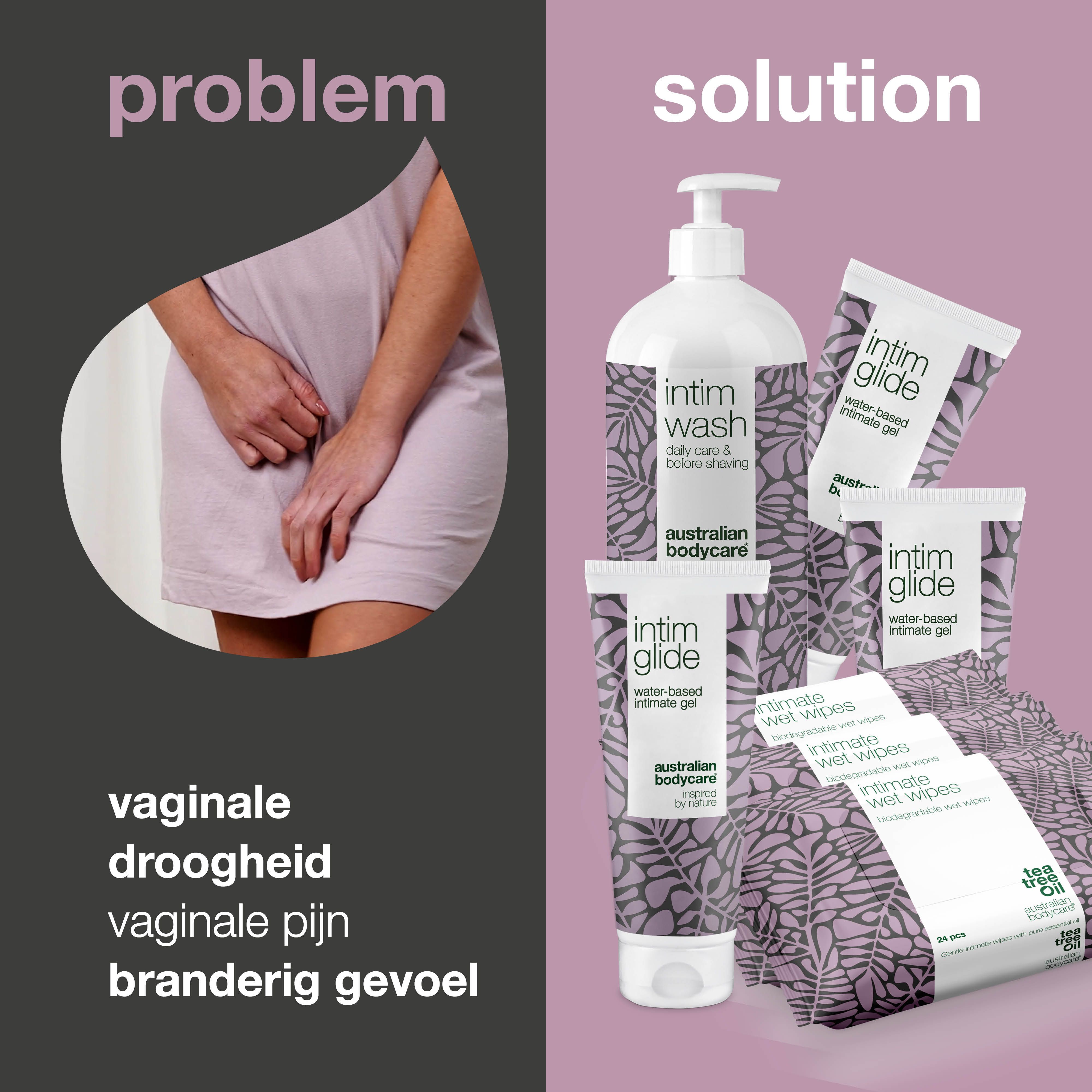 Productafbeelding: Intim Wash, Intim Glide, Intimate Wet Wipes. Tekst: Probleem en oplossing.