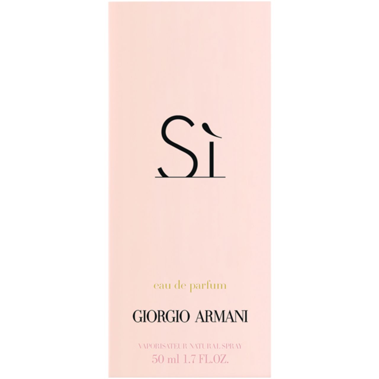 Giorgio Armani Sì Eau de Parfum Flakon. Rosa Hintergrund, schwarze Schrift. 50 ml 1.7 FL.OZ.