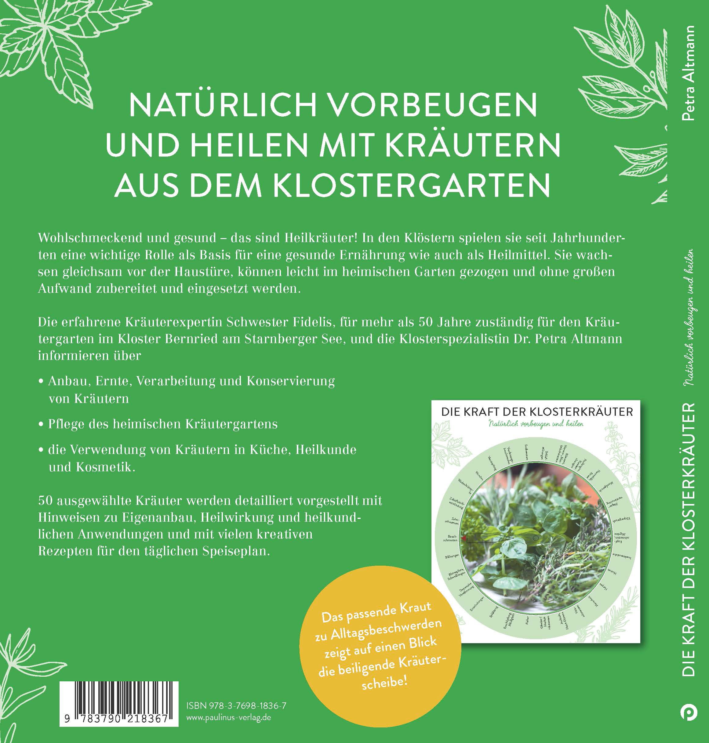 Buchcover: "Die Kraft der Klosterkräuter". Titel und Autorin. Kräuterscheibe und Text auf grünem Hintergrund.