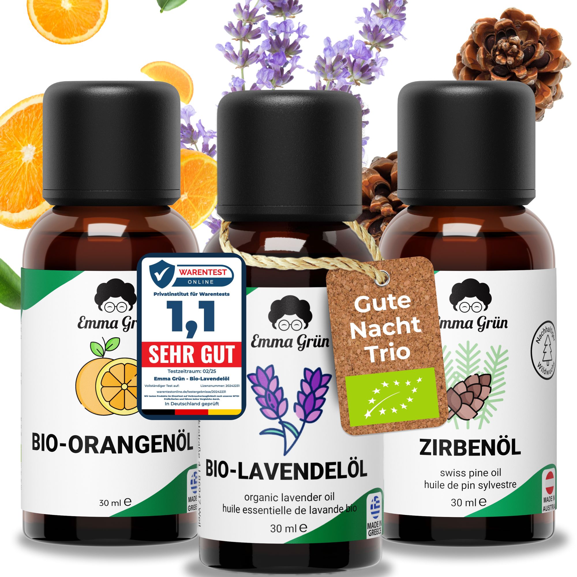 Drei Flaschen mit Etiketten: Bio-Orangenöl, Bio-Lavendelöl, Zirbenöl. Zertifizierungen und Produktbewertung.